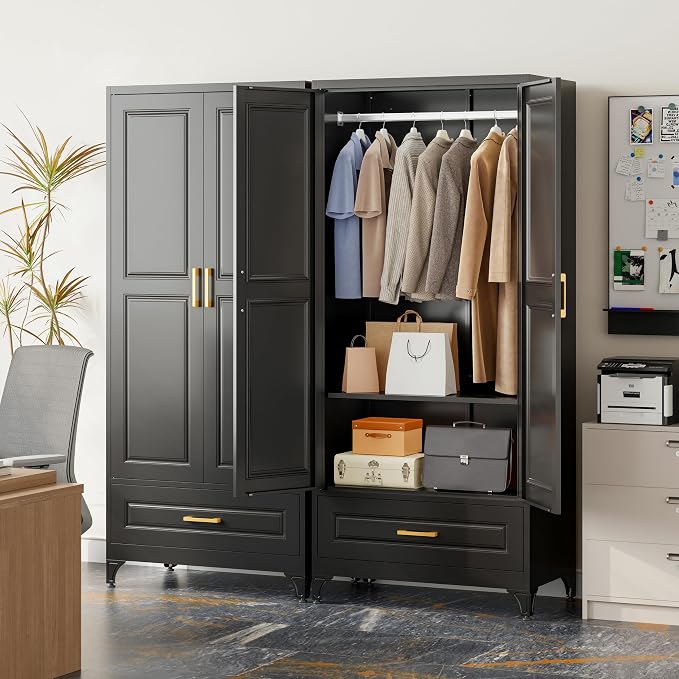 Metal Wardrobe Cabinets with Drawers,Black Armoire Wardrobe Closet with Hanging Rod,Clothes Storage Cabinet with Adjustable Shelves and Doors,Clothing Cabinet for Bedroom,Laundry Room