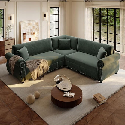 88.2" Sectional Sleeper Sofa with Pull Out Bed - Oversize L-Shaped Convertible Sleeper Couch Bed, Button Tufted Chesterfield Sofa, Chenille Vintage Couches for Living Room/Apartment(4-Seater, Green) | Pull Out couch Bed