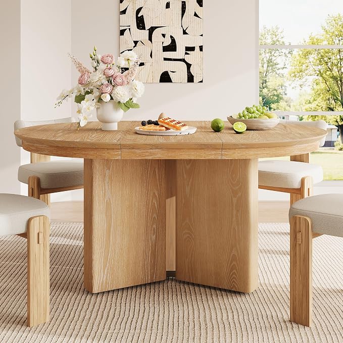 LUMISOL Round Dining Table for 4-6 People, Farmhouse Kitchen Table with Pedestal Base and Adjustable Foot Pads, Oval Extendable Dining Table for Dining Room, Kitchen, Small Space, Natural
