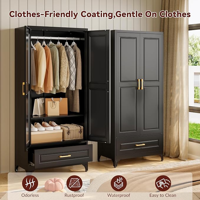 Metal Armoire Wardrobe Closet with Hanging Rod, 71" Tall Wardrobe Cabinet with Doors and Adjustable Shelves, Clothing Storage Cabinets with Drawer for Bedroom
