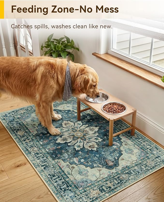 RELEANY Area Rugs Small 2'x3' Washable Non-Slip, Floral Vintage Distress Medallion Carpet for Kitchen Entryway Bathroom, Dark Blue Vintage