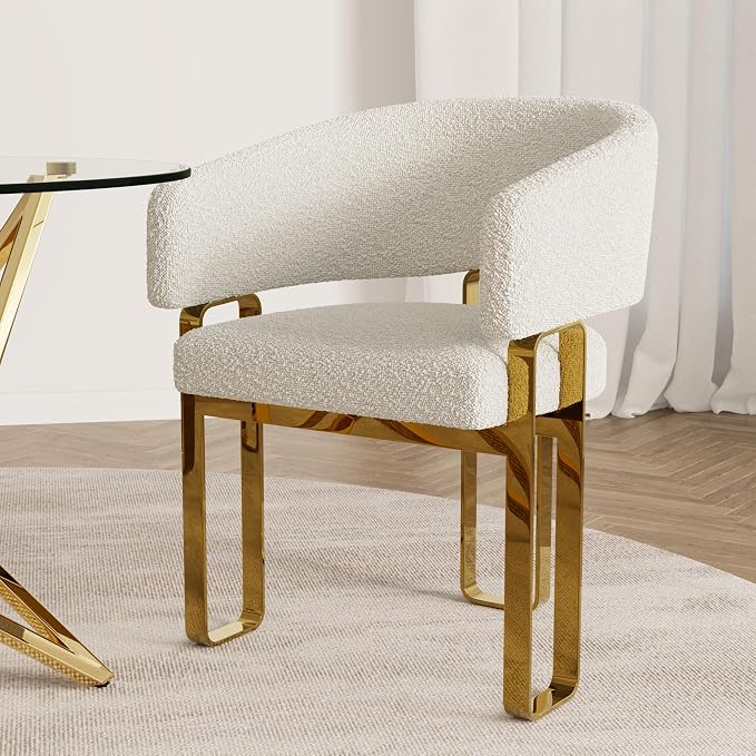 Boucle Dining Chairs Set of 9, White Barrel Dining Chairs with Arms and U-Shaped Mirrored Gold Legs, Modern Side Chairs for Dining Table, Kitchen and Dining Room Restaurant Recepition