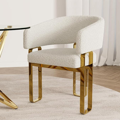 Boucle Dining Chairs Set of 9, White Barrel Dining Chairs with Arms and U-Shaped Mirrored Gold Legs, Modern Side Chairs for Dining Table, Kitchen and Dining Room Restaurant Recepition