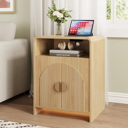 Nightstand with Charging Station and LED Lights, Night Stands with Adjustable Storage Cabinet, Modern Side Table with Fluted Doors and Open Storage, Bedside Table for Bedroom, Natural