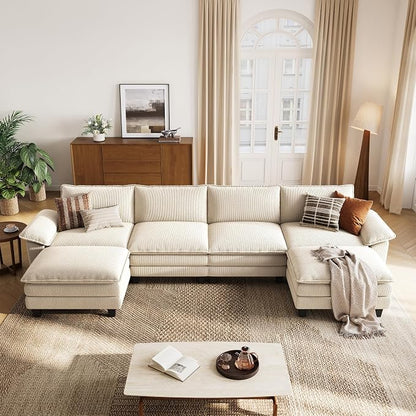 LINSY HOME 157'' Modular Sectional Sofa 4 Seat Couch Corduroy Cloud Couch with Deep Seat, Modern U-Shaped Cloud Couch with 2 Movable Ottoman for Living Room, Office, Bedroom, Beige