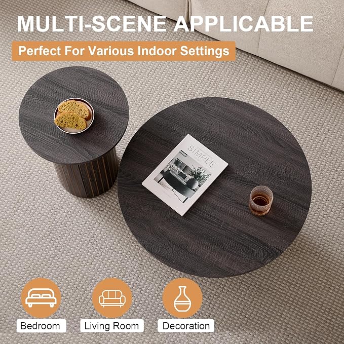 Round Nesting Coffee Tables for Living Room, Set of 2, Black | φ27.6 + φ15.8 Boho Small Circle Side Tables, Fluted Drum Design Wood Grain Finish Minimalist Modern End Table, Small Spaces