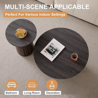 Round Nesting Coffee Tables for Living Room, Set of 2, Black | φ27.6 + φ15.8 Boho Small Circle Side Tables, Fluted Drum Design Wood Grain Finish Minimalist Modern End Table, Small Spaces
