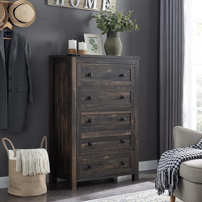 T4TREAM 48" Tall Farmhouse 5-Drawer Dresser for Bedroom, Dark Rustic Oak | Rustic chests of drawers, Wood Storage Cabinet, Metal Handle, Unique Corner Accent, Bedroom, Living Room, Hallway