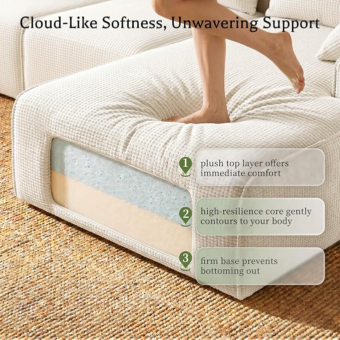 Homkdom 98" Boneless Modular Sectional Sofa, Cloud Couch with 27" Deep Seat & Oversized Chaise, L-Shaped High-Density Foam Sofa for Living Room, No Assembly Required (White-Check, Right Facing)