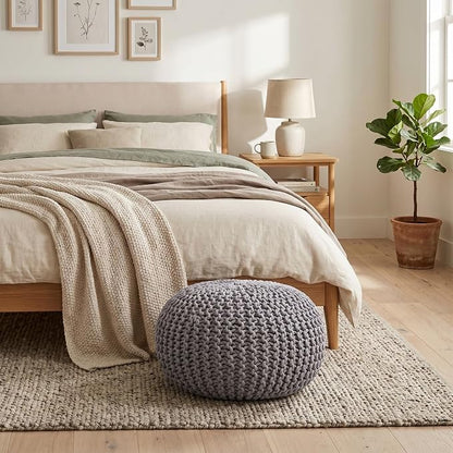 BIRDROCK HOME Round Pouf Ottoman Foot Rest - 18.5”x18.5”x15” Boho Compact Comfortable Soft Cotton Braided Foot Stool with Bean Bag Filling for Living Room, Bedroom, or Nursery (Light Gray)