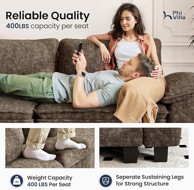 PHI VILLA Cloud Modular Couch Sets, 123.6" Sectional Sofa with L-Shaped Chaise, 4-Seater Upholstered Couches with Movable Ottoman for Living Room, Chenille Grayish Brown