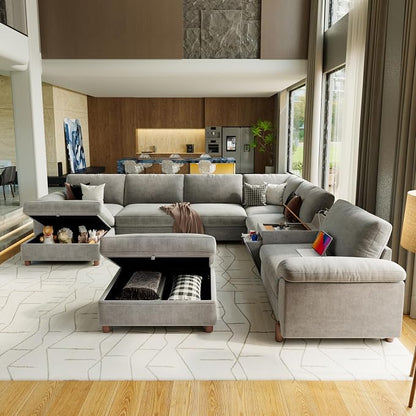 SITJOY Large Cloud Couch, 138" Wide 8 Seat V Shape with Console, Light Gray | Detachable and Washable Chenille Cover Sectional Sofas for Living Room, Deep Seat Wide Couch with Chaise, Storage Ottoman