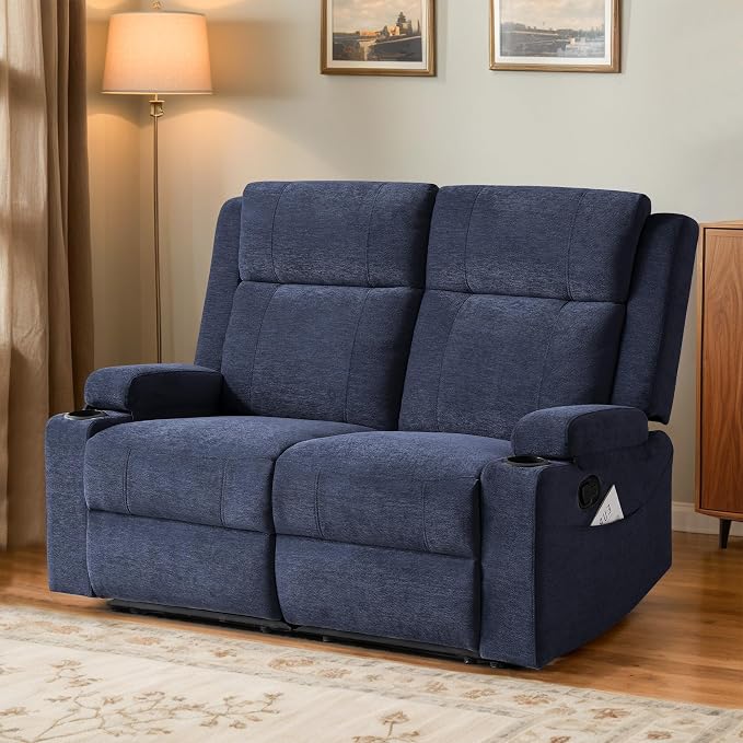 55" RV Loveseat Recliner – Space-Saving Double Reclining RV Sofa, Compact Theater Seating with Cup Holders & Storage Pocket, Blue Chenille Couch for Camper, Motorhome & Home Theater