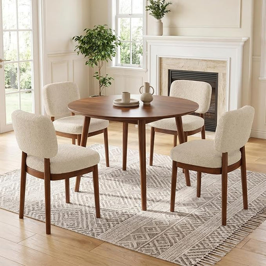 Wooden Dining Chairs Set of 4, Boucle Upholstered Kitchen Chairs with Solid Wood Legs, Mid Century Modern Dining Chairs, Farmhouse Side Chair with Hardwood Frame for Dining Room, Beige