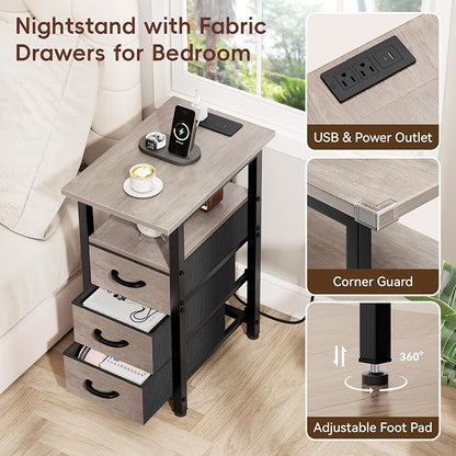 Vagusicc Nightstand with Charging Station and LED Lights, Narrow End Table, LED Night Stand with 3 Fabric Drawers for Bedroom, Small Side Table for Small Spaces, Greige