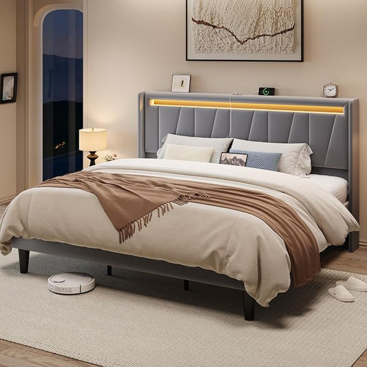 Allewie King Size LED Bed Frame with Charging Station, Velvet Upholstered Platform Bed with Geometric Wingback Headboard, Modern Frame with No Box Spring Needed, Easy Assembly, Grey