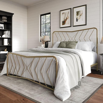 HOME DESIGN Fargo King Size Metal Bed Frame, Minimalist Headboard and Footboard Design, Sturdy Metal Construction, Easy Assembly, Transitional, Gold