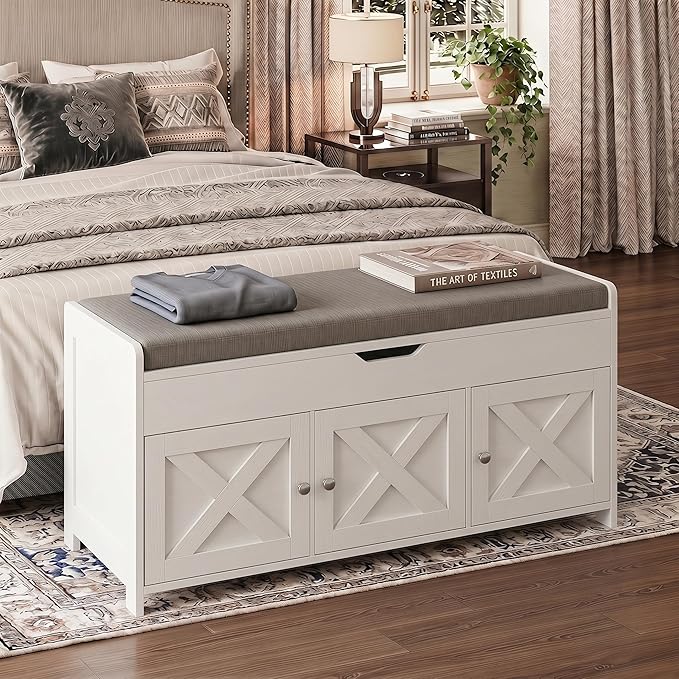 Marsail Shoe Storage Bench with Seating, Farmhouse Entryway Bench with Shoe Storage and Cushion, Under Window Benches Wooden Ottoman for Bedroom, Entry Way, Living Room, White