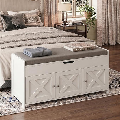 Marsail Shoe Storage Bench with Seating, Farmhouse Entryway Bench with Shoe Storage and Cushion, Under Window Benches Wooden Ottoman for Bedroom, Entry Way, Living Room, White