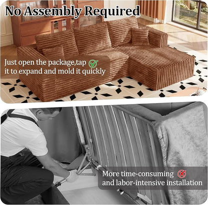 BSHOMGI Boneless Couches for Living Room, Modular L Shaped Couch with Deep Seat Oversized Right Facing Chaise, Memory Foam Compressed Spineless 3 Seater Sofa for Apartment