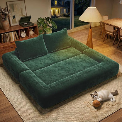 75'' Folding Convertible Sofa Bed with Large Pillow, 4-in-1 Foldable Pull Out Futon Sofa Bed, Chenille Boneless Mattress Couch, No Assembly Floor Sleeper Sofa Bed for Living Room/Bedroom, Dark Green