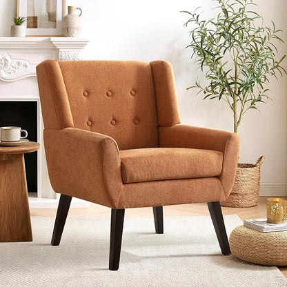 HUIMO Accent Chair, Upholstered Button Tufted Armchair, Linen Fabric Sofa Chairs for Bedroom, Living Room, Mid-Century Modern Comfy Reading Chair (1, Orange)