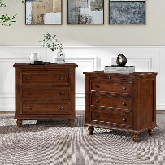 Merax Wood Nightstand with Drawers Set of 2, Bedside End Table with Pull Out Tray, Brown (No Guide Rails)