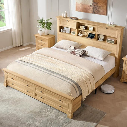 T4TREAM Farmhouse Queen Size Bed Frame with 54" Tall Storage Bookcase Headboard, 18" Roman Column Decoration Footboard,2 Drawer & 4 Storage Rack, Oak