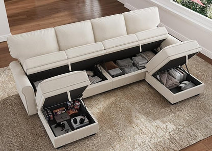 HONBAY Convertible Sectional Sofa with Storage U Shaped Sectional Couch with Reversible Chaise Small Sectional Couches for Living Room,Beige