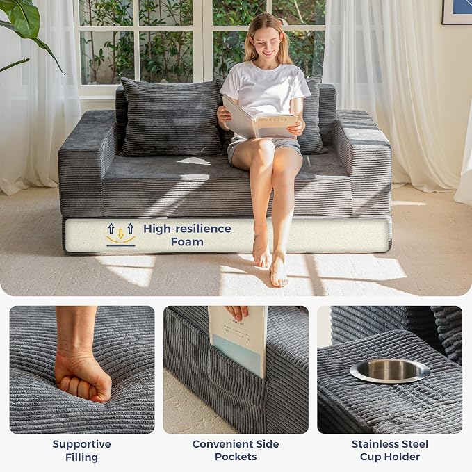 MAXYOYO Loveseat Sofa Bed, 64" Foldable Floor Sofa Couch in A Box with 2 Cup Holders, 4 in 1 Convertible Boneless Couch Folding Recliner Chair for Living Room, Grey