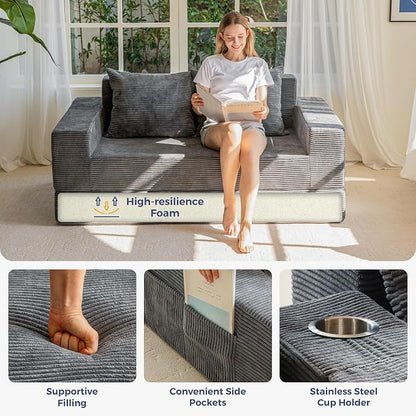 MAXYOYO Loveseat Sofa Bed, 64" Foldable Floor Sofa Couch in A Box with 2 Cup Holders, 4 in 1 Convertible Boneless Couch Folding Recliner Chair for Living Room, Grey