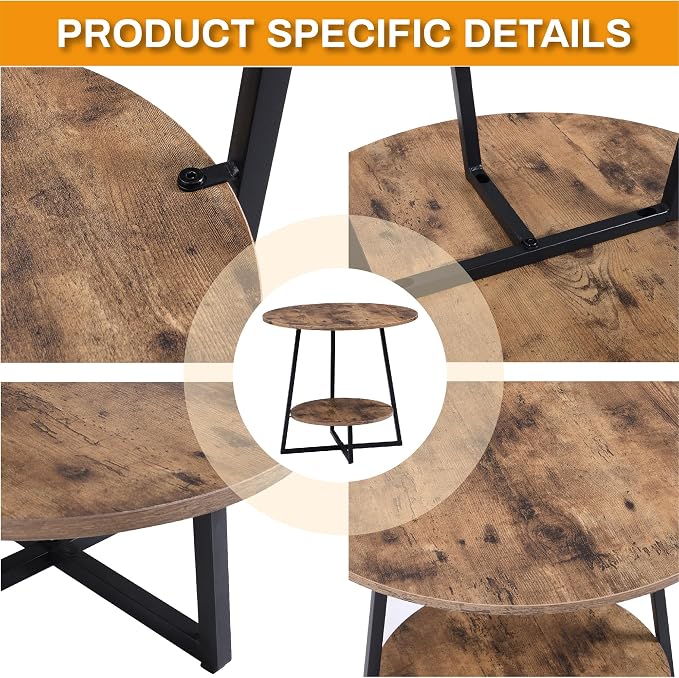 D&H FURNIMMT 20" Round End Table, Industrial 2-Tier Side Table, Metal Frame Nightstand Accent Table for Living Room Bedroom Small Spaces, Rustic Brown & Black