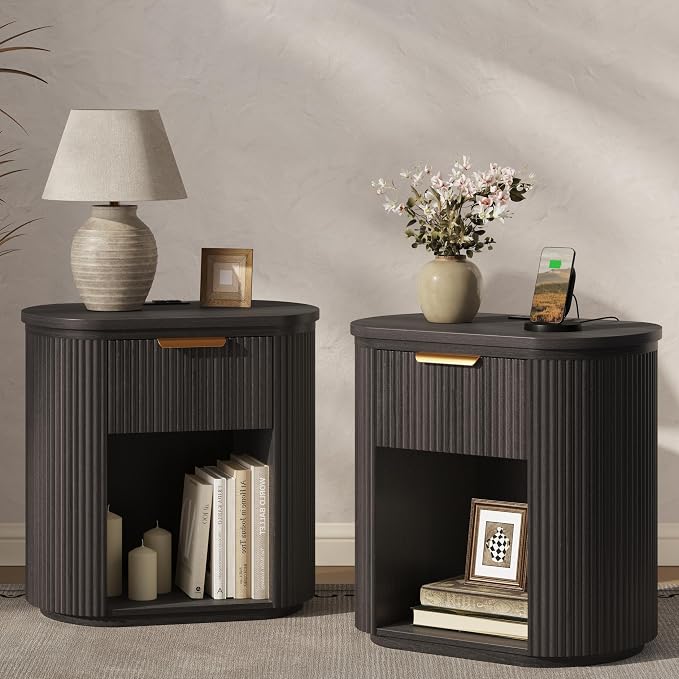 Fluted Nightstand with Charging Station, 23.6" Bedside Side Table with Drawer, Wood End Table with Storage, Curved Round Corner, Furniture Bedroom Sofa, Mid Century Modern, Vintage, Black,Set of 2