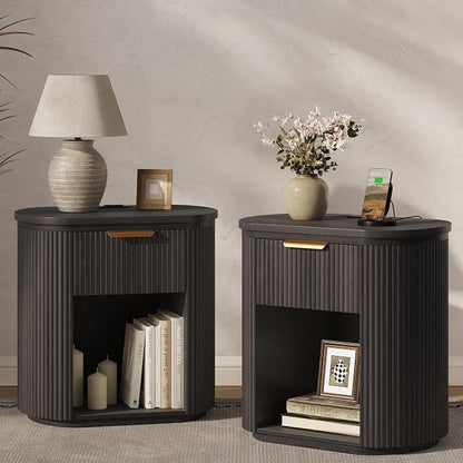 Fluted Nightstand with Charging Station, 23.6" Bedside Side Table with Drawer, Wood End Table with Storage, Curved Round Corner, Furniture Bedroom Sofa, Mid Century Modern, Vintage, Black,Set of 2