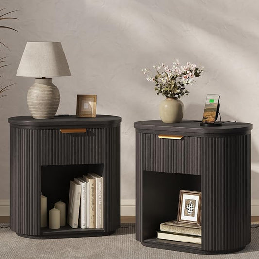 Fluted Nightstand with Charging Station, 23.6" Bedside Side Table with Drawer, Wood End Table with Storage, Curved Round Corner, Furniture Bedroom Sofa, Mid Century Modern, Vintage, Black,Set of 2