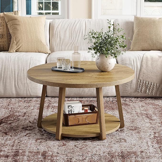 LITTLE TREE Round Coffee Table, 2-Tier Center Table with Storage, Wooden Legs, 31.5 Dia. x 19.6 H Inches, Easy Assembly, Circle Coffee Tables for Living Room, Bedroom