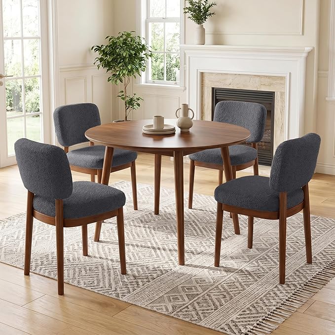 Wooden Dining Chairs Set of 4, Boucle Upholstered Kitchen Chairs with Solid Wood Legs, Mid Century Modern Dining Chairs, Farmhouse Side Chair with Hardwood Frame for Dining Room, Dark Gray