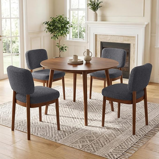 Wooden Dining Chairs Set of 4, Boucle Upholstered Kitchen Chairs with Solid Wood Legs, Mid Century Modern Dining Chairs, Farmhouse Side Chair with Hardwood Frame for Dining Room, Dark Gray
