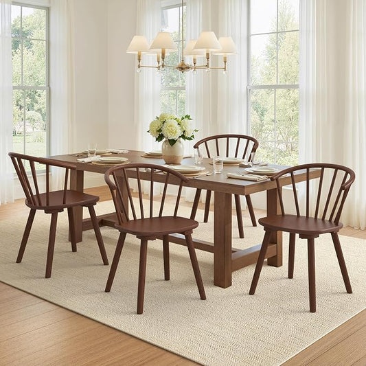 LUE BONA Brown Dining Chairs Set of 4, Farmhouse Wood Dining Chairs with Semicircular Backrest, Spindle Dining Chair for Kitchen and Dining Room, 18 Inch