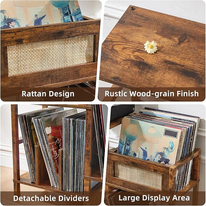 LELELINKY Record Player Stand, Vintage Brown Wood Record Holder with Vinyl Storage Holds up to 300+ Albums, 3-Tier Rattan Media Table with Vinyl Display Shelf, Record Storage Cabinet for Living Room