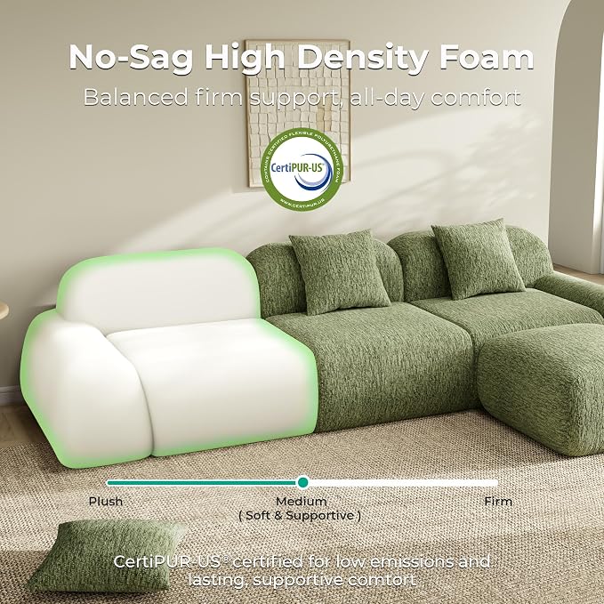 LIKIMIO LumiPebble Modular Sectional Sofa with Ottoman, 110" L-Shaped Boneless Couch for Living Room, Deep Seat with LuxeChenille Upholstery, No Assembly Required, Olive Green