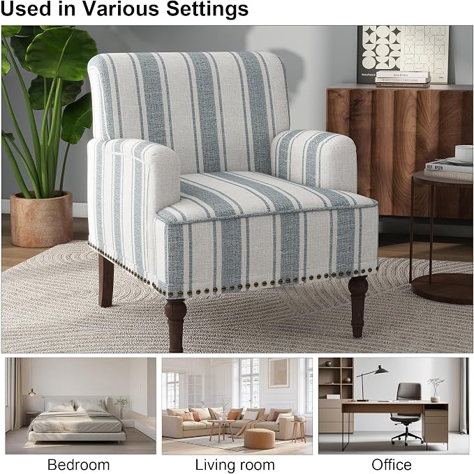 Accent Chair, Mid Century Modern Comfy Armchair for Living Room, Linen Fabric Single Sofa Lounge for Reading Bedroom Apartment Waiting Room with Wood Legs (Blue Stripe, Set of 2)