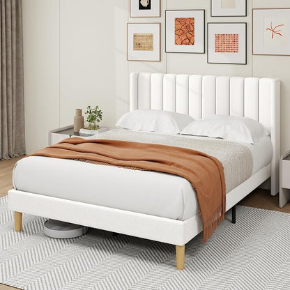 alazyhome Platform Bed Frame Queen Size with Upholstered Headboard, Solid Wood Slats Support, No Box Spring Needed, Noise Free, Easy Assembly, Modern Fabric Bed, White