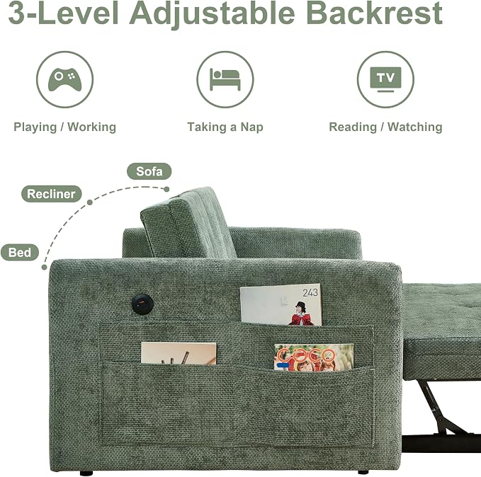 57.48" Convertible Sofa Bed with Cup Holder, Pull Out Sleeper Sofa Bed with USB Charging Ports, 3 in 1 Convertible Sleeper Sofa Bed for Living Room, Apartment, Bedroom, RV, Green