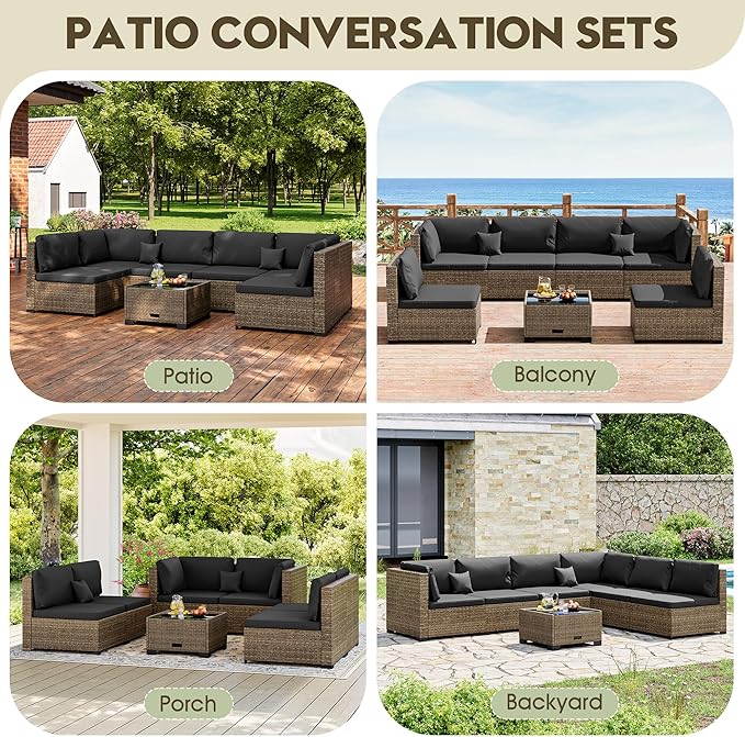 LHBcraft 7 Piece Outdoor Patio Furniture Set, Wicker Patio Furniture Set Outdoor Patio Sectional Sofa for Backyard Rattan Patio Seating with Black Cushion
