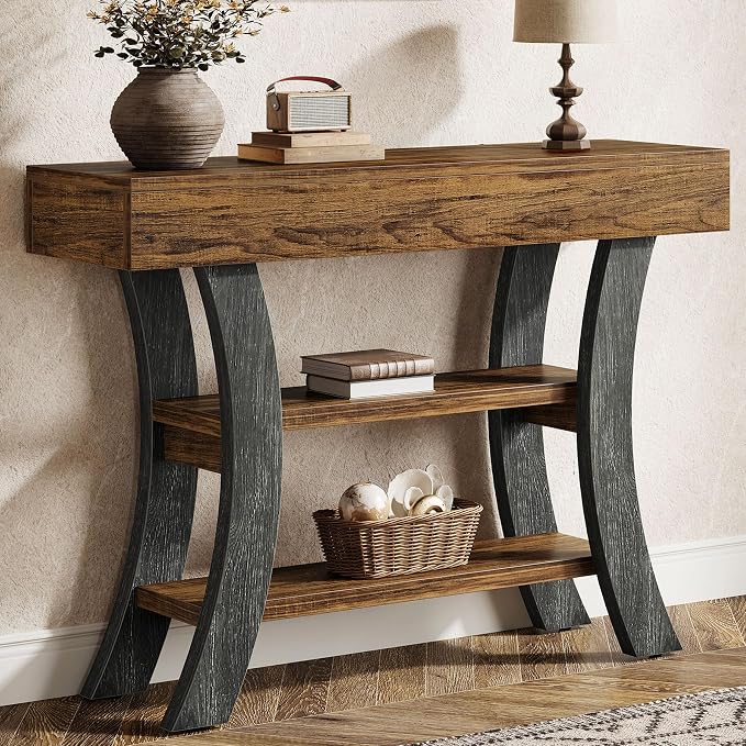 Tribesigns 41" Small Console Table for Entryway, 3-Tier Narrow Rustic Sofa Table with Storage Shelves and Curved Frame for Living Room, Entry, Hallway, Foyer (Brown & Grey)