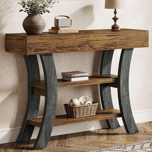 Tribesigns 41" Small Console Table for Entryway, 3-Tier Narrow Rustic Sofa Table with Storage Shelves and Curved Frame for Living Room, Entry, Hallway, Foyer (Brown & Grey)