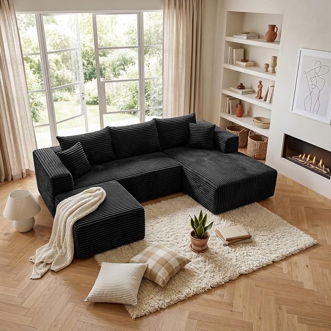 Black Sectional Couch with Ottoman, 92.5" Cloud Modular Couch for Living Room, Modern U-Shaped Sofa, No Assembly Required - Plush Corduroy Fabric & Deep Seat Comfort, No Assembly Needed