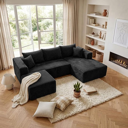 Black Sectional Couch with Ottoman, 92.5" Cloud Modular Couch for Living Room, Modern U-Shaped Sofa, No Assembly Required - Plush Corduroy Fabric & Deep Seat Comfort, No Assembly Needed