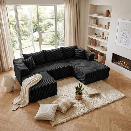 Black Sectional Couch with Ottoman, 92.5" Cloud Modular Couch for Living Room, Modern U-Shaped Sofa, No Assembly Required - Plush Corduroy Fabric & Deep Seat Comfort, No Assembly Needed